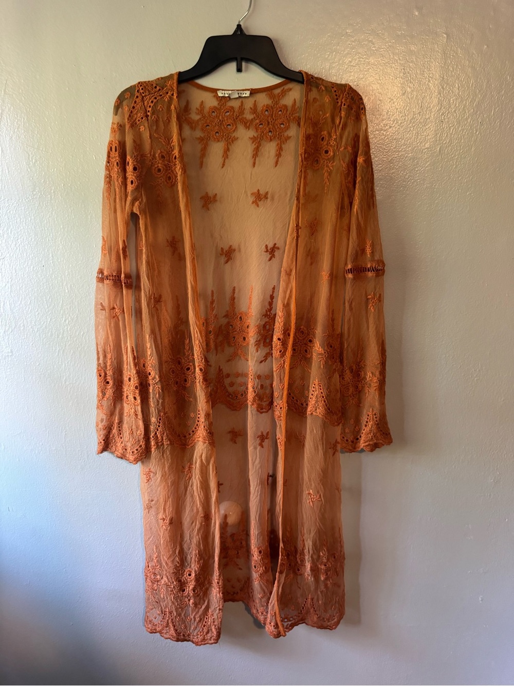 🧡🍁🍂 Haute Monde Orange Lace Long Sleeve Drape Overlay Duster L Large Boho